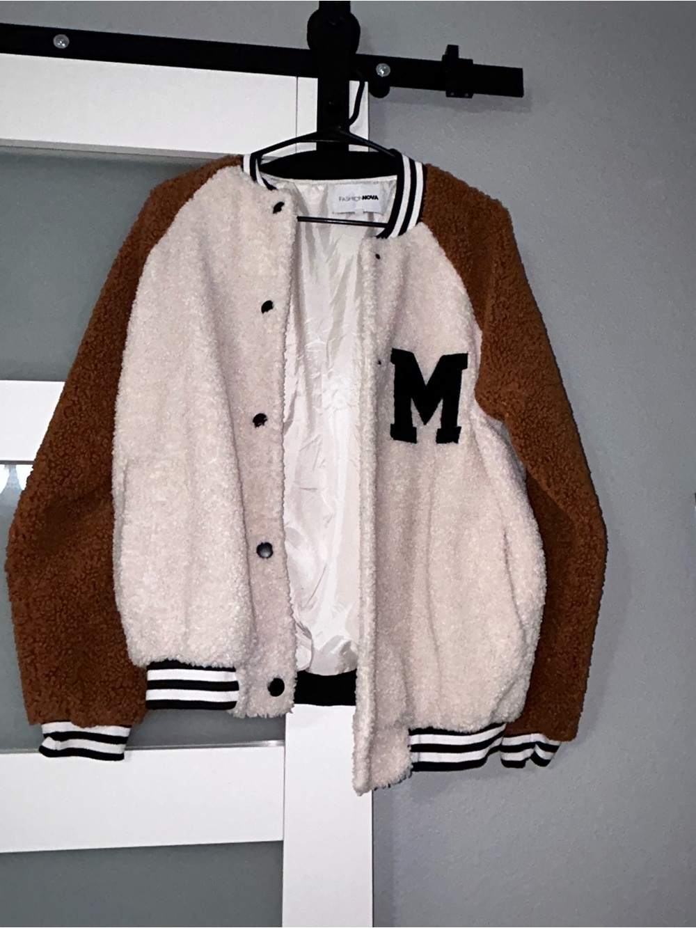 Sherpa Varsity Jacket in Cream & Brown